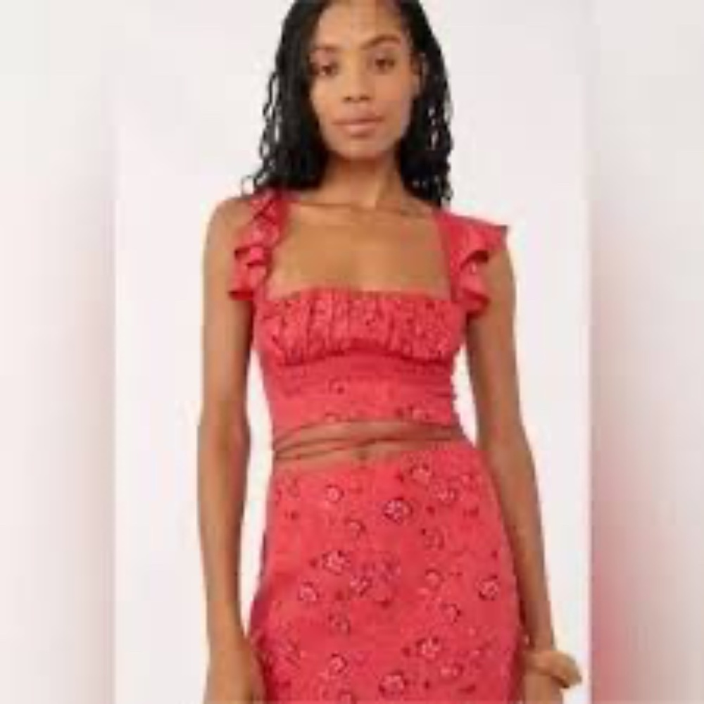 Free People Bijou Crop Top in Cherry Combo Red Smocked Womens 0 Ruffle